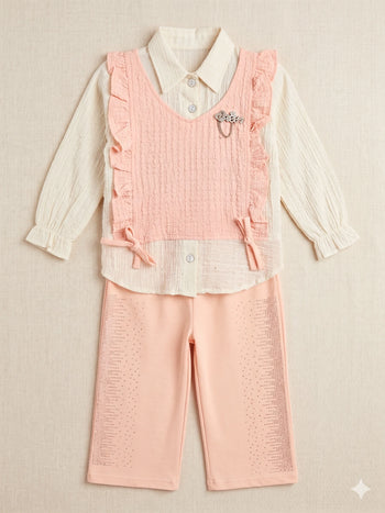 Girls' 3-Piece Peach Ruffle Vest and Trouser Set with Textured Shirt