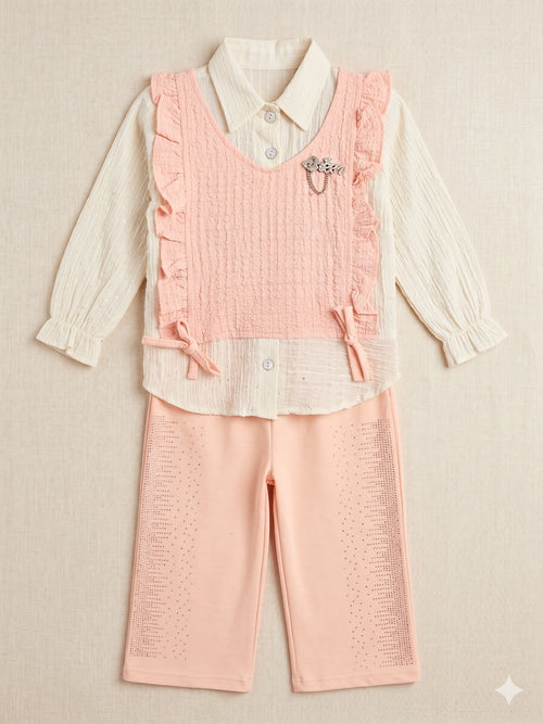 Girls' 3-Piece Peach Ruffle Vest and Trouser Set with Textured Shirt