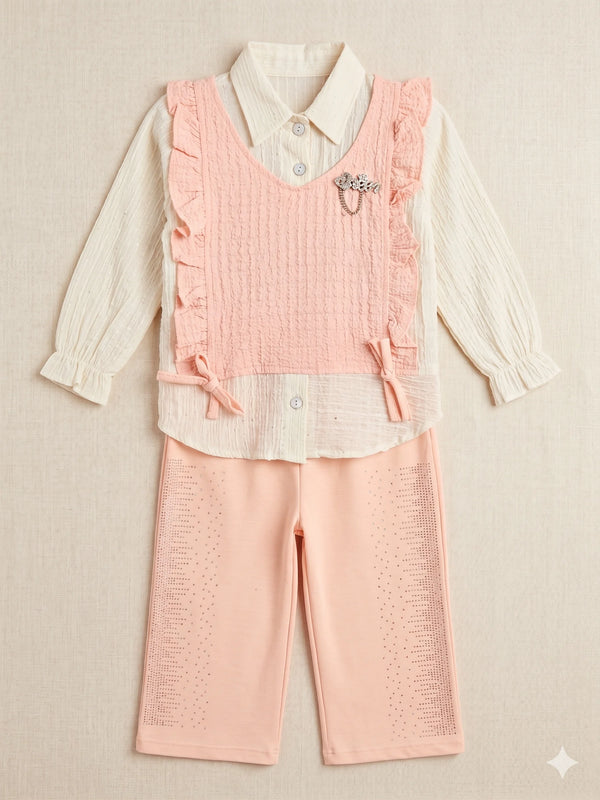 Girls' 3-Piece Peach Ruffle Vest and Trouser Set with Textured Shirt