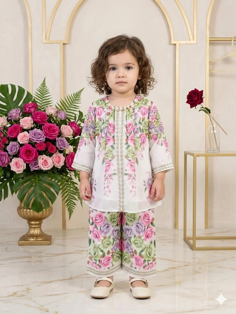 Pastel Rose Garden Two-Piece Kurti Set for Girls