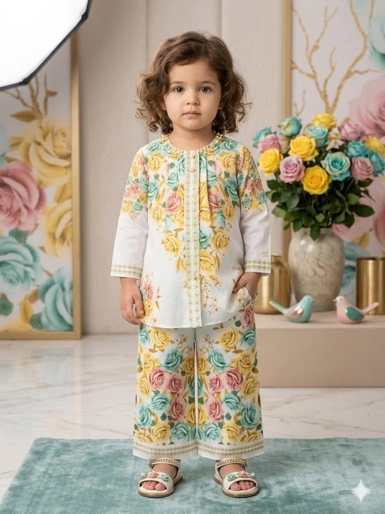Pastel Rose Garden Two-Piece Kurti Set for Girls — view 2