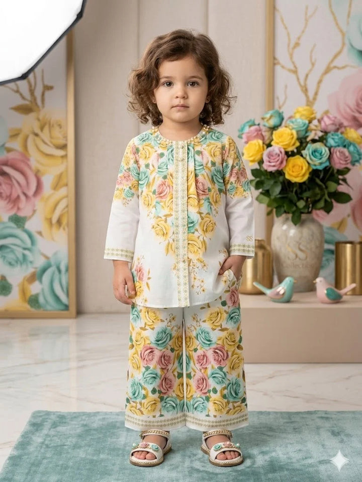 Pastel Rose Garden Two-Piece Kurti Set for Girls — view 2