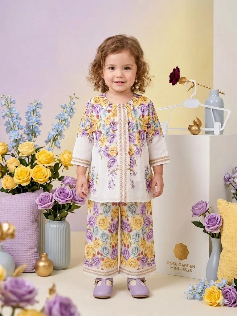 Pastel Rose Garden Two-Piece Kurti Set for Girls
