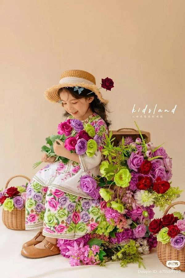 Pastel Rose Garden Two-Piece Kurti Set for Girls