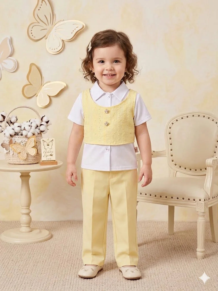 Girls' 3-Piece Yellow Eyelet Vest and Trouser Set with White Shirt