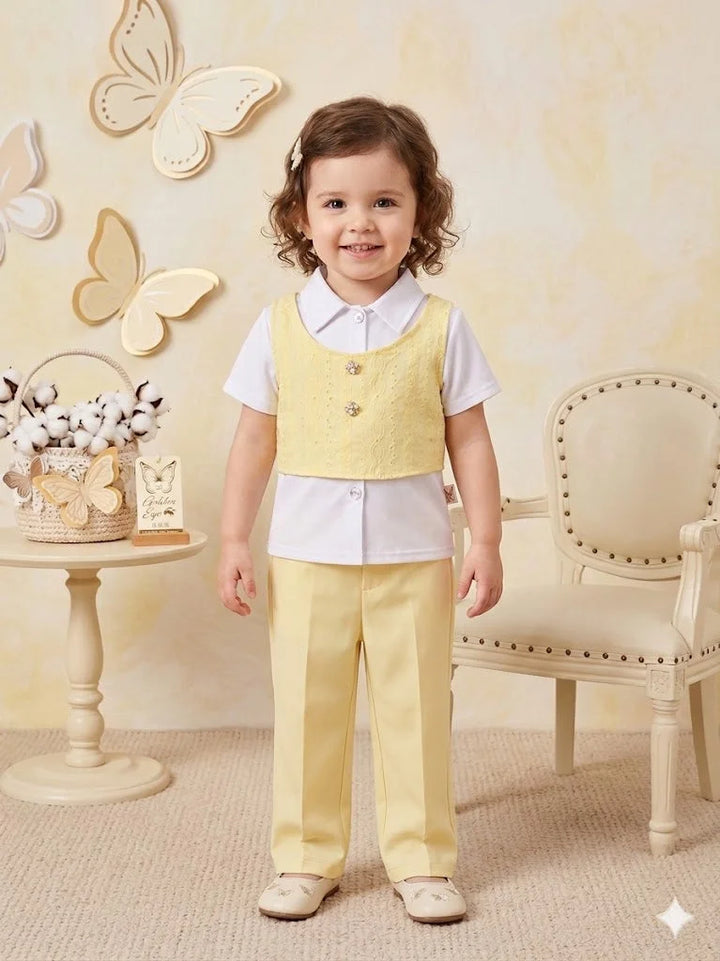 Girls' 3-Piece Yellow Eyelet Vest and Trouser Set with White Shirt — view 3