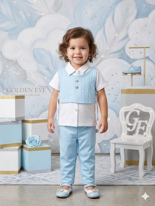 Girls' 3-Piece Yellow Eyelet Vest and Trouser Set with White Shirt
