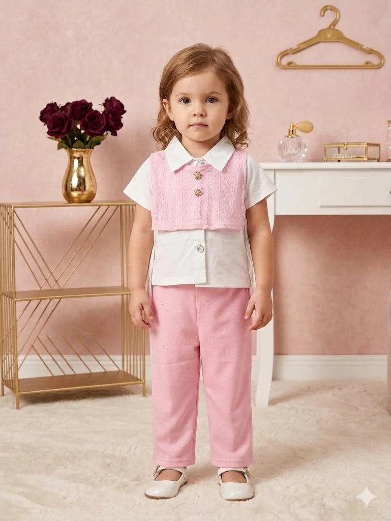 Girls' 3-Piece Yellow Eyelet Vest and Trouser Set with White Shirt — view 4