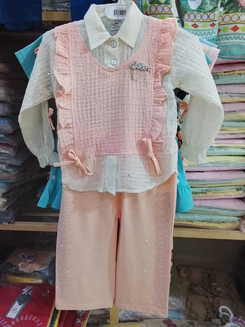 Girls' 3-Piece Peach Ruffle Vest and Trouser Set with Textured Shirt — view 3