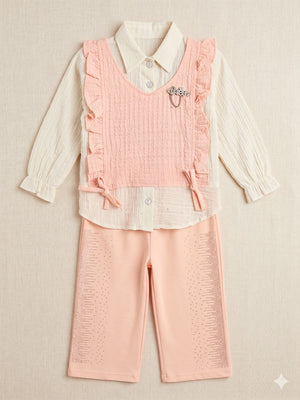 Girls' 3-Piece Peach Ruffle Vest and Trouser Set with Textured Shirt