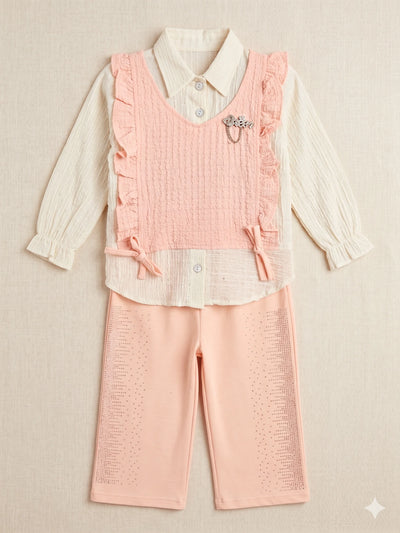 Girls' 3-Piece Peach Ruffle Vest and Trouser Set with Textured Shirt