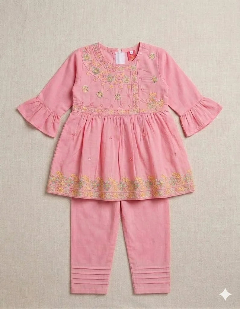 Heritage Pink Embroidered Kurti and Pleated Pant Set — view 2