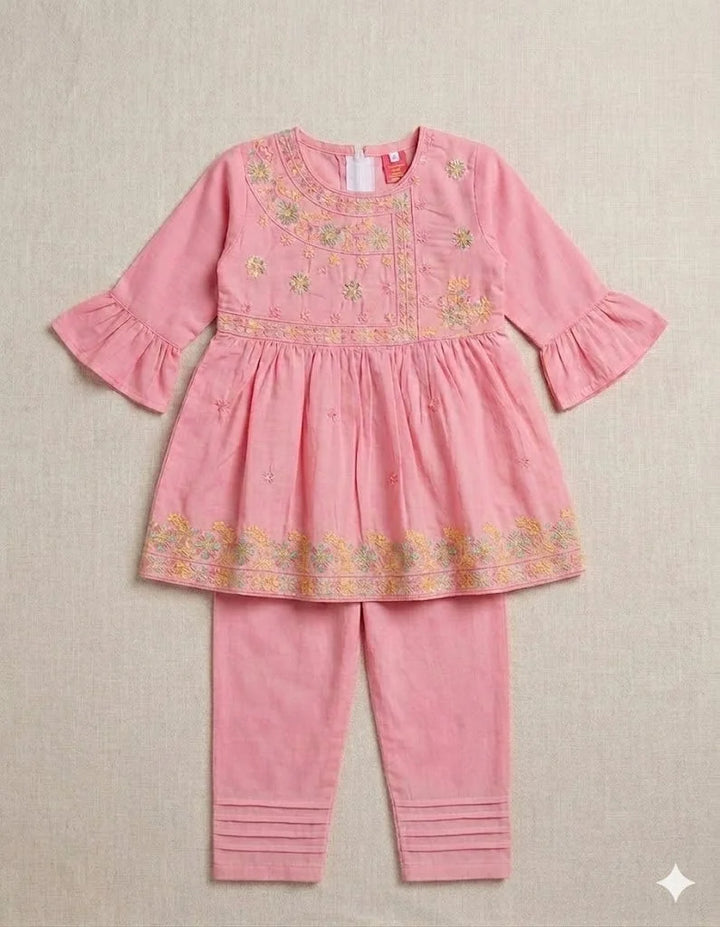 Heritage Pink Embroidered Kurti and Pleated Pant Set — view 2