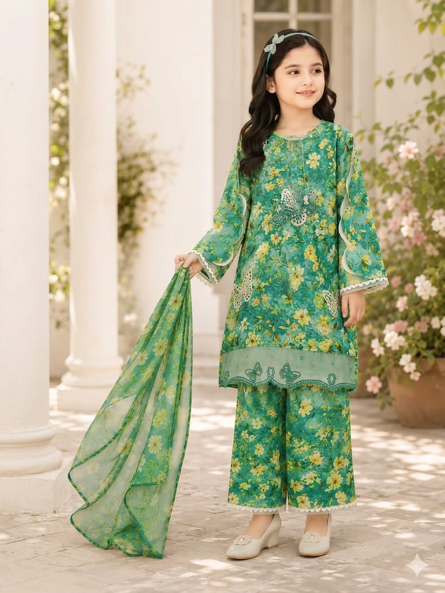 Lawn Suit Emerald Blossom Floral 3-Piece for Girls