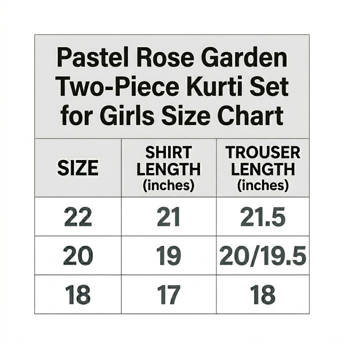 Pastel Rose Garden Two-Piece Kurti Set for Girls size chart