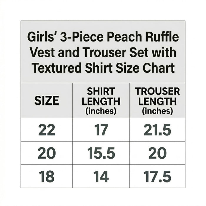 Girls' 3-Piece Peach Ruffle Vest and Trouser Set with Textured Shirt size chart